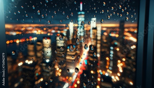 A close-up scene of raindrops clinging to a window with a blurred cityscape in the background at night.