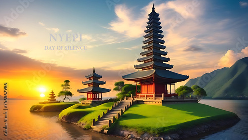 nyepi day of silence background illustration with temple sunset