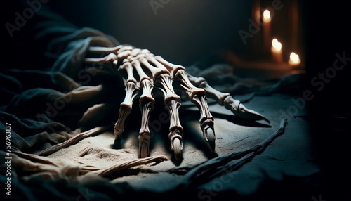 A close-up of a withered hand reaching out from darkness, its skin parchment-thin, stretched over delicate bones, with long, spindly fingers. photo