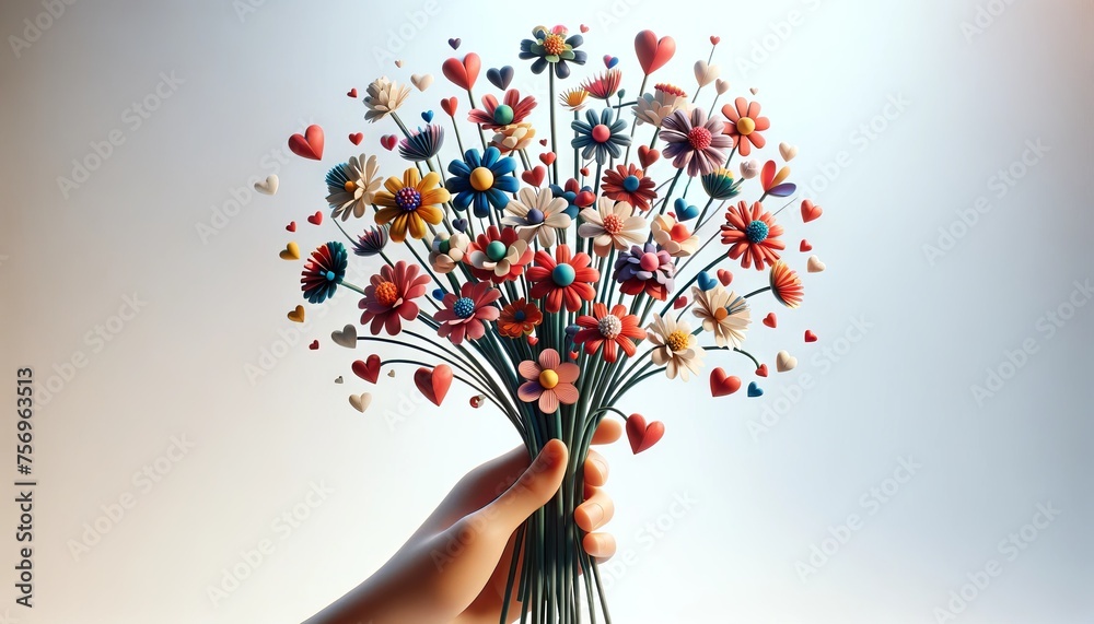 A close or medium shot of a hand holding a bouquet of whimsical, animated flowers with several small paper hearts attached to some of the stems. - obrazy, fototapety, plakaty 