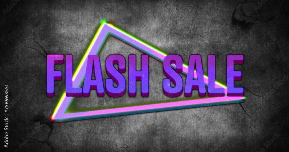 Obraz premium Image of retro flash sale purple text with neon triangles on grey distressed background