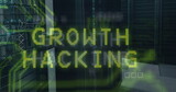 Image of growth hacking text and data processing over server room