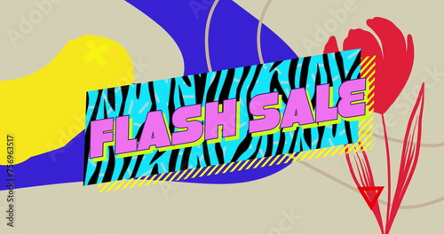 Image of retro flash sale text over zebra print blue banner and red flower in background