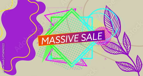 Image of retro massive sale text on gradient red to purple banner and abstract shapes