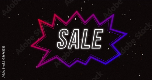 Image of retro sale text in rainbow neon speech bubble on black distressed background