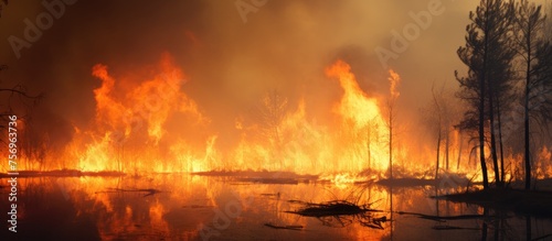 A fire rages in a field next to a forest, burning dry grass and reeds along the lake. This ecological catastrophe is destroying all life in its path. Firefighters are working to extinguish the flames © TheWaterMeloonProjec