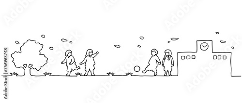 校庭でサッカーをして遊ぶ子供たちの線画イラスト　白黒