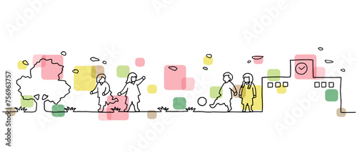 校庭でサッカーをして遊ぶ子供たちの線画イラスト