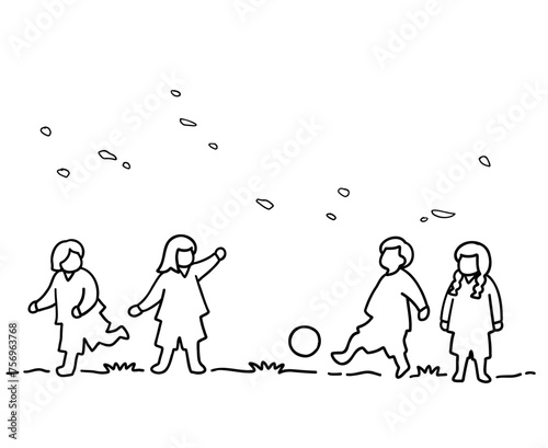 サッカーをして遊ぶ子供たちの線画イラスト　白黒