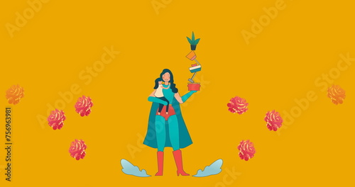 Image of superhero mum with daughter and plants over flowers moving in hypnotic motion on orange