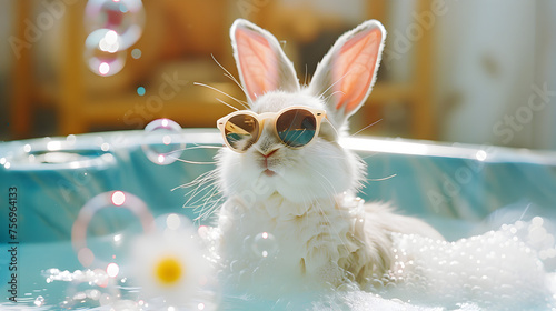 A cute white rabbit wearing sunglasses and sitting in a hot tub with bubbles, relaxed, playful, humorous © horizor