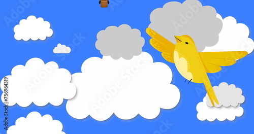Image of bird with clouds and hot air balloon over grey background