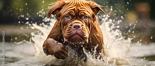Dog - French Mastiff - playing in water.