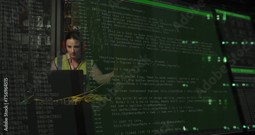 Image of data processing over caucasian female it engineer with laptop checking computer servers