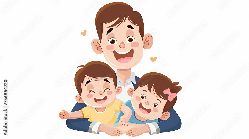 Digital illustration of a smiling father with his daughters, Father's Day poster and family related content. Digital illustration of a smiling father with his daughters, Father's Day poster and family related content.