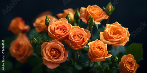 A beautiful bouquet of hybrid tea roses  which are part of the rose family  is growing on a bush. The vibrant orange petals  
