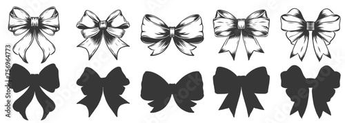 Hand drawn set of black and white bows isolated on white background. Engraving sketch bowknots for gift, hair accessories, headband. Vector linear graphic and silhouettes. photo