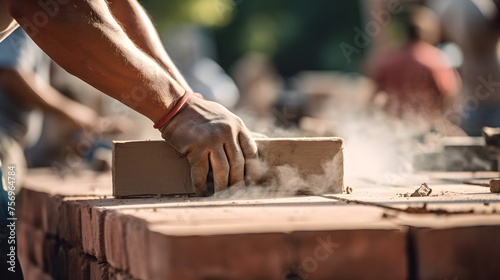 Closeup hands of bricklayer laying bricks on a wall of house