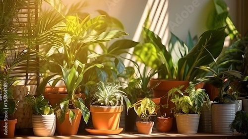 Collection of various home plants in home interior design. Home greenery with sunlight, hobby concept