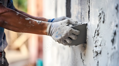 closeup of hand of worker plastering cement at building house wall