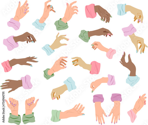 Vector set of beautiful female hands gestures with manicure isolated on white background