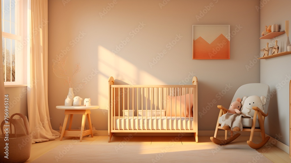 Cozy Nursery Room with Warm Sunlight and Soft Textures with cot and moving chair Cozy Nursery Room with Warm Sunlight and Soft Textures with cot and moving chair