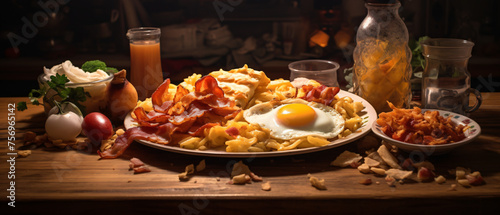Breakfast with eggs  bacon  and hash browns panorama.