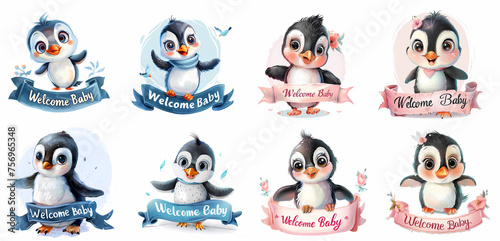Set of cute Penguin with a banner Welcome Baby, new baby born, Clipart Bundle on isolated background, generated ai