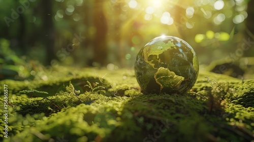 Earth Day Environment, global is green and has a blue and white design. The scene is peaceful and serene, with the globe representing the Earth