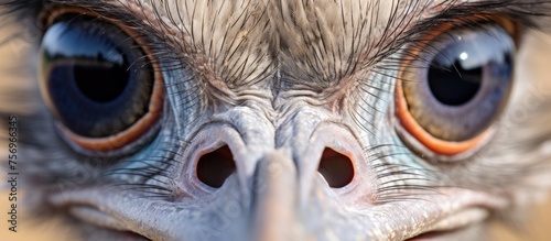 A closeup of an ostrichs head reveals its large eyes, beak, and distinctive feathers. This terrestrial bird boasts a long snout and lacks whiskers, similar to other wildlife in the Felidae family