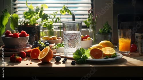Glass of water, fresh fruits, vegetables, and a selection of dietary supplements in kitchen