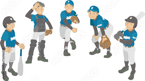 野球チームでプレイする少年たちのイラスト