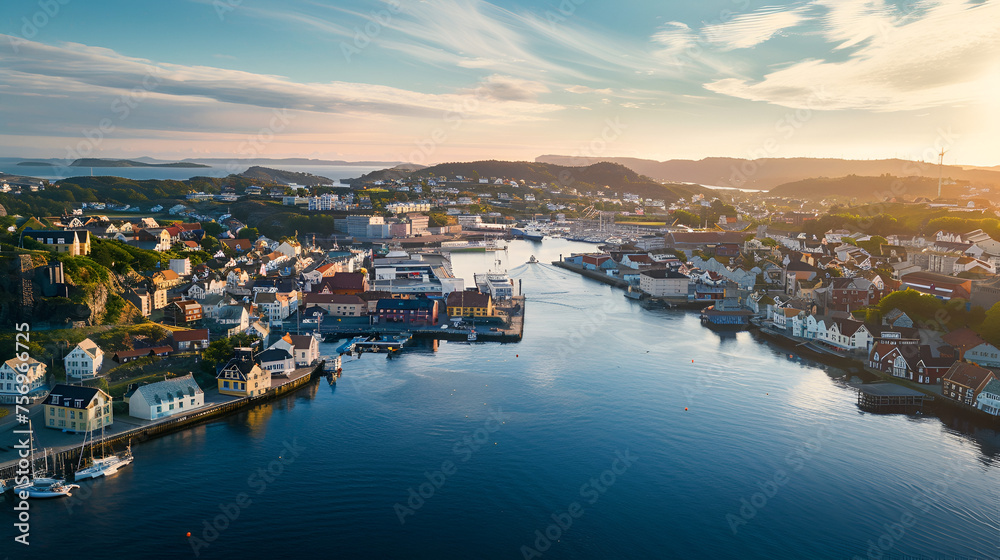 Aerial View of Haugesund Norway with Copy Space, Isolated Scenic Landscape of Coastal Town, Travel Destination, Generative AI

