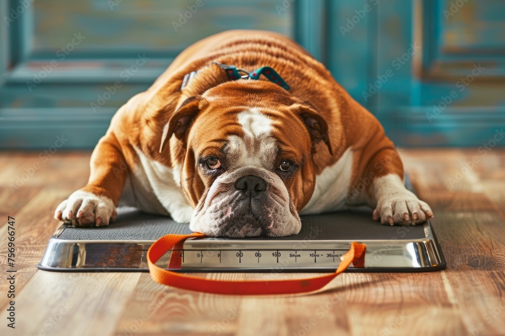 Problem of animal obesity, a pet dog suffers from excess weight at home - obrazy, fototapety, plakaty 