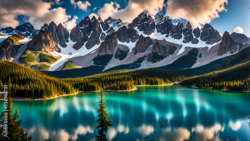 Magnificent lake and mountain scenery in the summer wilderness 