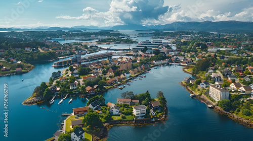 Aerial View of Haugesund Norway with Copy Space, Isolated Scenic Landscape of Coastal Town, Travel Destination, Generative AI