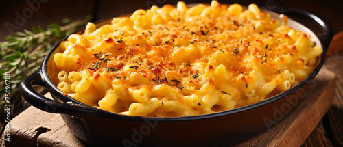 Casserole dish with baked macaroni and cheese.