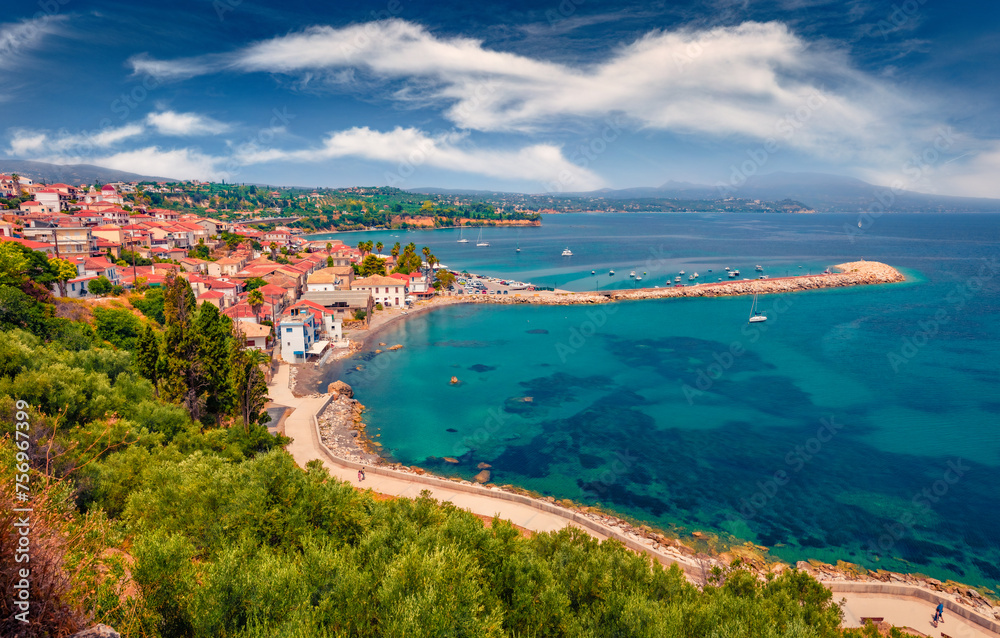 Incredible summer cityscape of Koroni town, Messenia, Peloponnese, Greece, Europe. Astonishing morning seascape of Ionia sea. Traveling concept background.