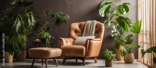 The living room is adorned with numerous potted plants and a comfortable chair, creating a cozy and natural atmosphere with a touch of greenery