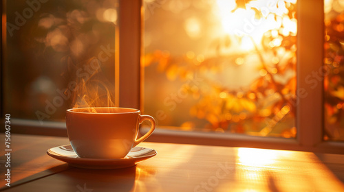 A hot coffee cup highlights this focus.Under the golden sunshine the background is only light
