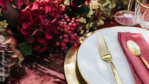 Wedding or formal dinner holiday celebration tablescape with hydrangea flowers in the English countryside garden, table setting and wine, floral table decor for family dinner party, home styling