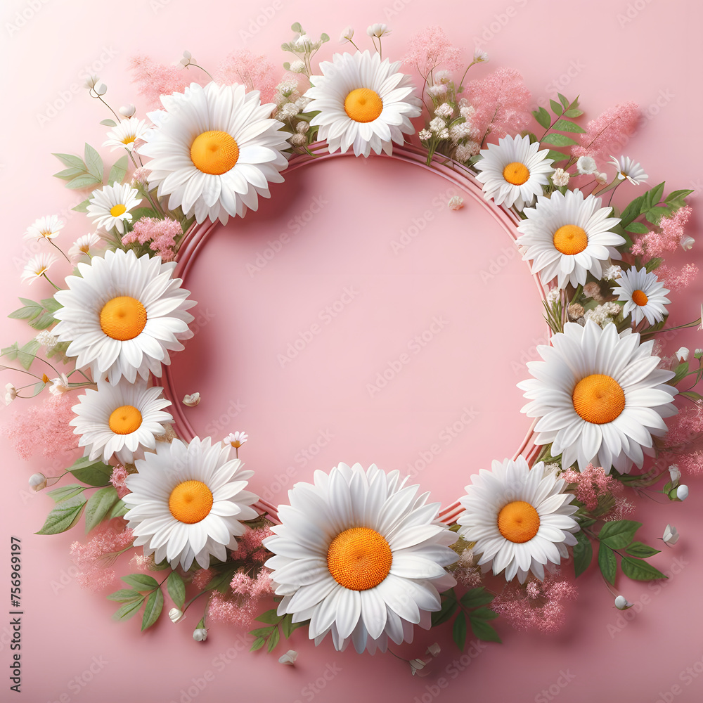 Daisy flower frame, isolated on  a Pink background, Spring Frame