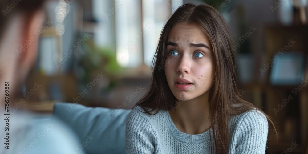 A young woman expresses surprise and confusion in a candid emotional moment during a conversation. A young woman expresses surprise and confusion in a candid emotional moment during a conversation.