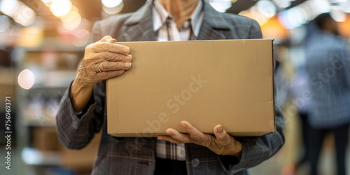 Senior hands holding a cardboard box with blurred shop interiors, implying shopping or moving.