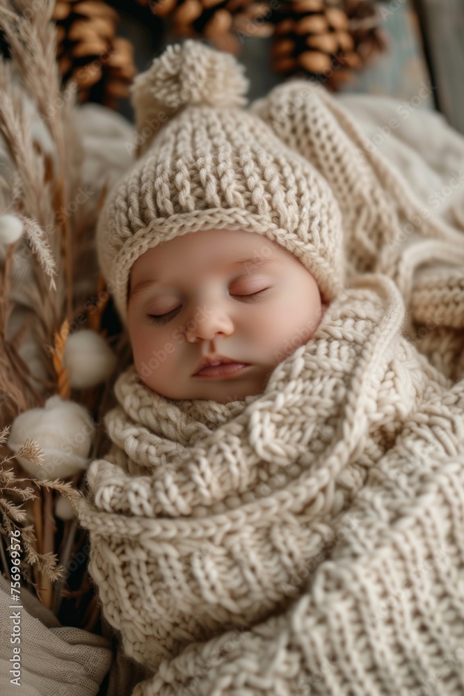 Professional Photography of a newborn snuggled in a cozy knit cocoon, Generative AI Professional Photography of a newborn snuggled in a cozy knit cocoon, Generative AI