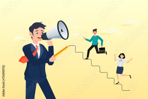 Employees walk up stair created by coaching businessman, business coaching or mentor to improve employee skills, performance and leadership, motivate people, advice or guidance for success (Vector)