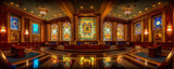 A grand Masonic lodge interior, embellished with symbolic stained glass windows portraying sacred geometry and esoteric symbols.