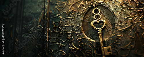 An image capturing a symbolic key adorned with detailed Masonic engravings suspended from a vintage keyhole, encircled by ancient scrolls and geometric designs, photographed in dim lighting. photo