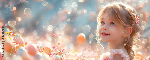 Easter banner with a place for text. Cute little girl on a background of flowers and colored Easter eggs.