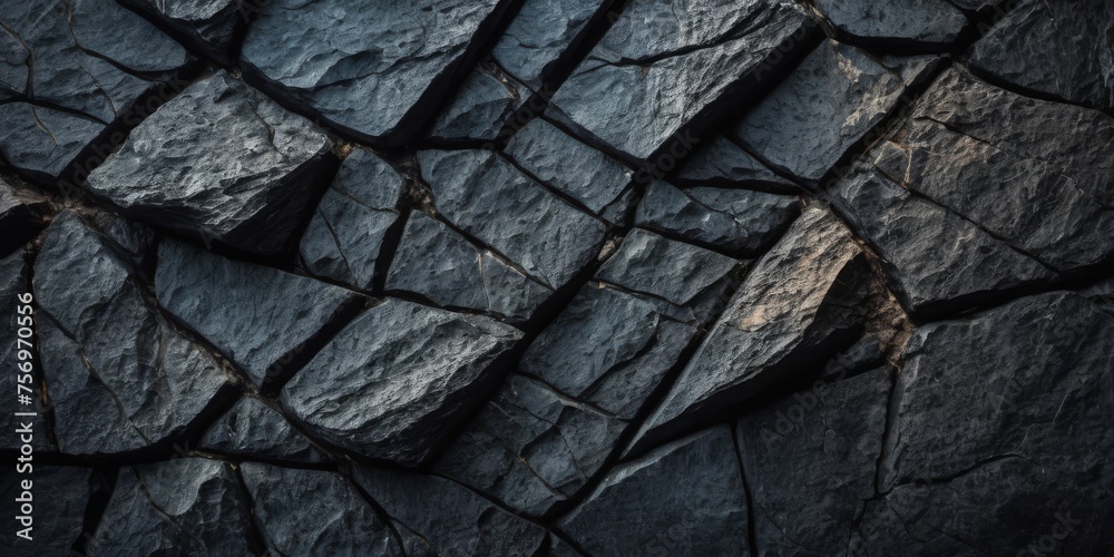 Fototapeta premium Volumetric rock texture with cracks. Black stone background